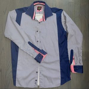 Men’s dress blue and white striped button down (M)